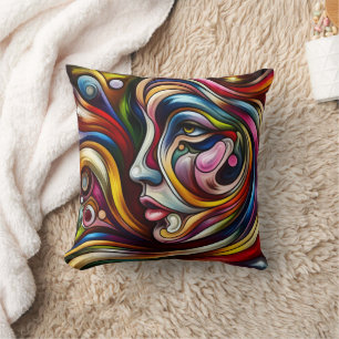 Colourful Abstract Portrait With Dynamic Swirls Throw Pillow