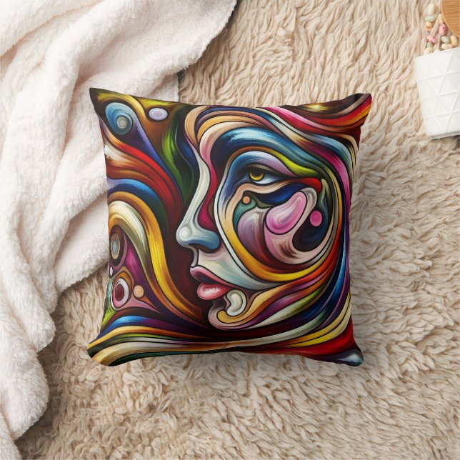 Colourful Abstract Portrait With Dynamic Swirls Throw Pillow (Blanket)
