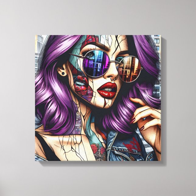 Colourful Abstract Pretty Lady with Purple Hair Canvas Print (Front)