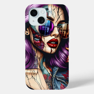 Colourful Abstract Pretty Lady with Purple Hair iPhone 15 Case