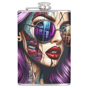 Colourful Abstract Pretty Lady with Purple Hair Hip Flask