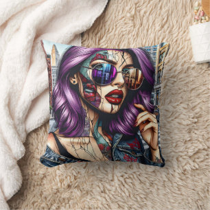 Colourful Abstract Pretty Lady with Purple Hair Throw Pillow