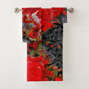 Colourful Abstract Red & Grey Fluid Swirls Bath Towel Set
