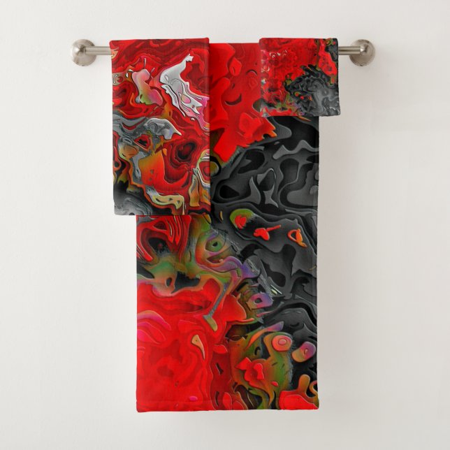 Colourful Abstract Red & Grey Fluid Swirls Bath Towel Set (Insitu)