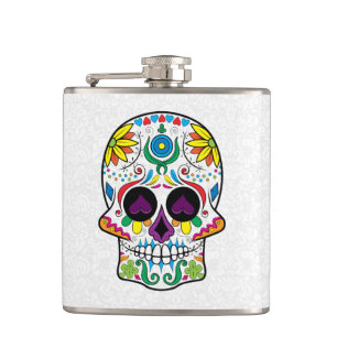 Colourful Abstract Retro Floral Sugar Skull Hip Flask