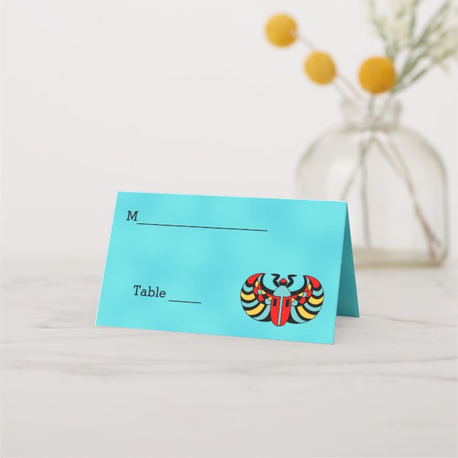 Colourful Abstract Scarab Beetle on Bright Aqua Place Card (Front)