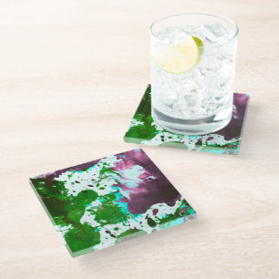 Colourful Abstract Splatter Paint Green and Purple Glass Coaster