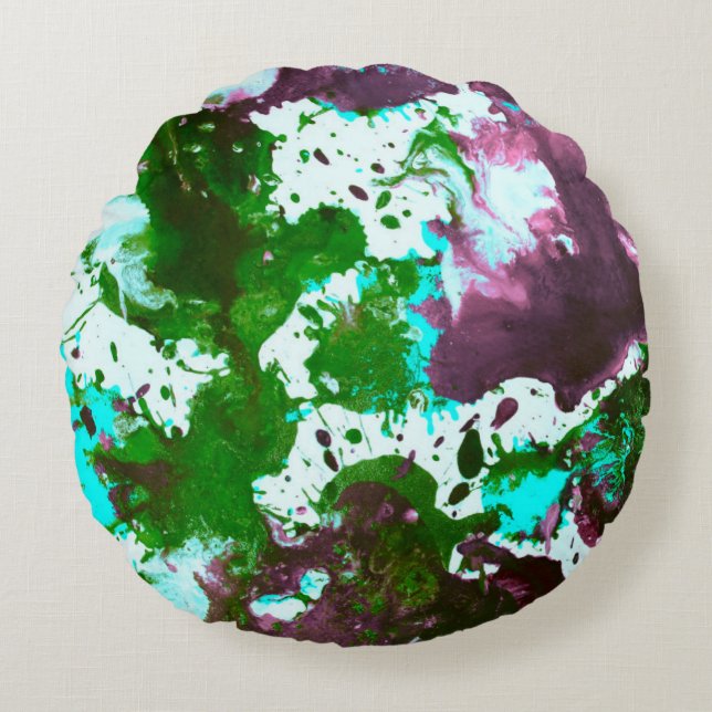 Colourful Abstract Splatter Paint Green and Purple Round Pillow (Front)
