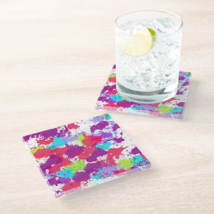 Colourful Abstract Splatter Paint, Red and Purple Glass Coaster