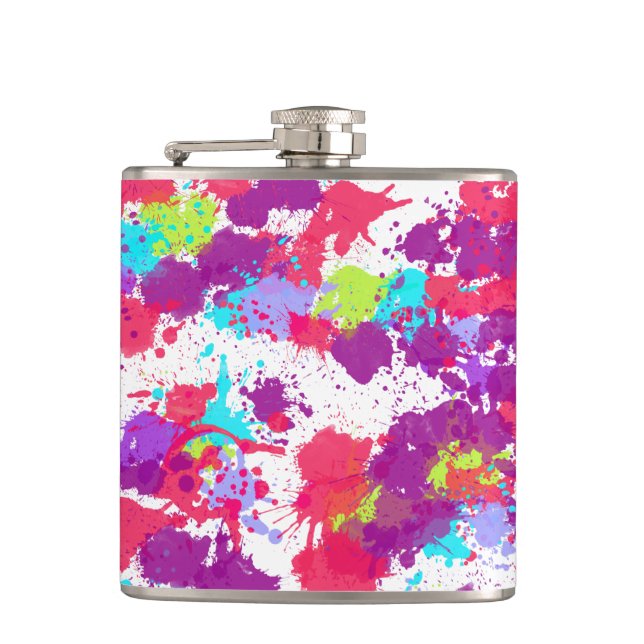 Colourful Abstract Splatter Paint, Red and Purple Hip Flask (Front)