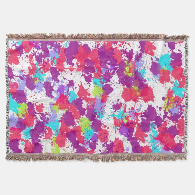 Colourful Abstract Splatter Paint, Red and Purple Throw Blanket (Front)
