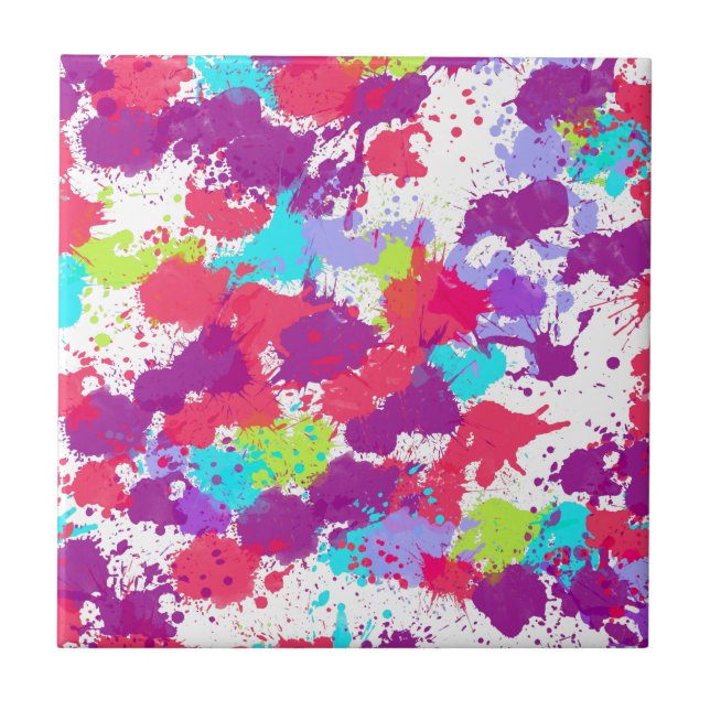 Colourful Abstract Splatter Paint, Red and Purple Tile (Front)