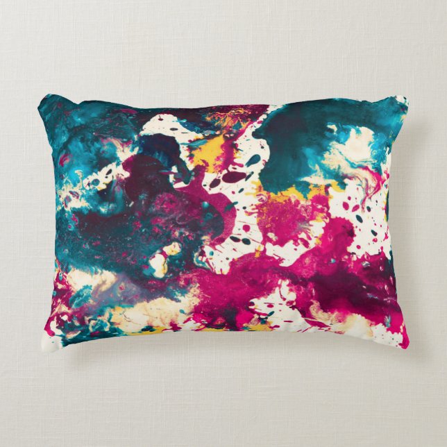 Colourful Abstract Splatter Paint Teal and Magenta Accent Pillow (Front)