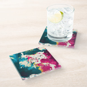 Colourful Abstract Splatter Paint Teal and Magenta Glass Coaster