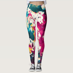 Colourful Abstract Splatter Paint Teal and Magenta Leggings
