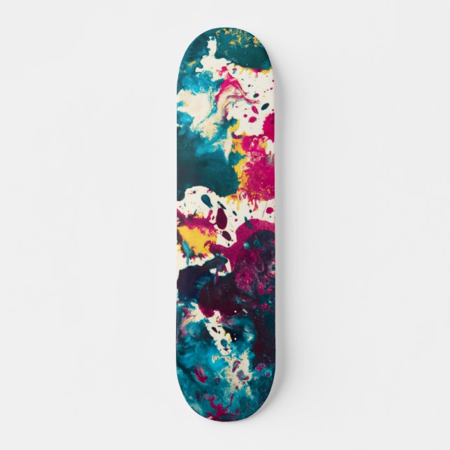 Colourful Abstract Splatter Paint Teal and Magenta Skateboard (Front)