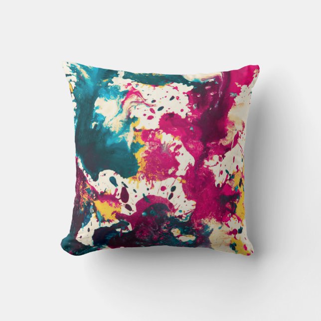 Colourful Abstract Splatter Paint Teal and Magenta Throw Pillow (Front)