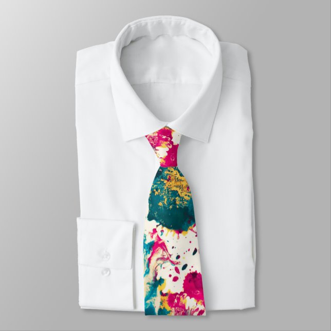 Colourful Abstract Splatter Paint Teal and Magenta Tie (Tied)