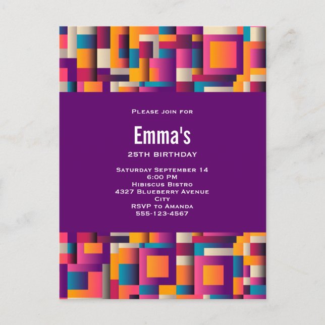 Colourful Abstract Squares and Shapes Birthday Invitation Postcard (Front)