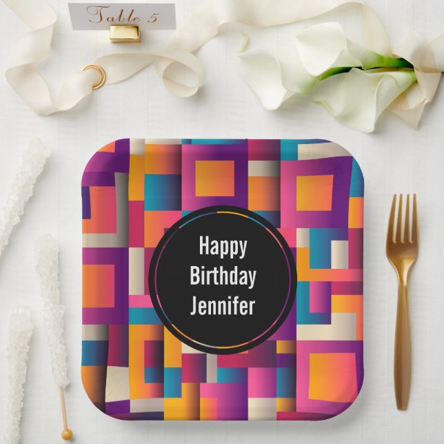 Colourful Abstract Squares and Shapes Birthday Paper Plate (Wedding)