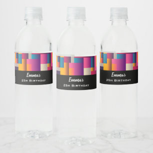 Colourful Abstract Squares and Shapes Birthday Water Bottle Label