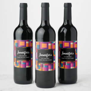 Colourful Abstract Squares and Shapes Birthday Wine Label