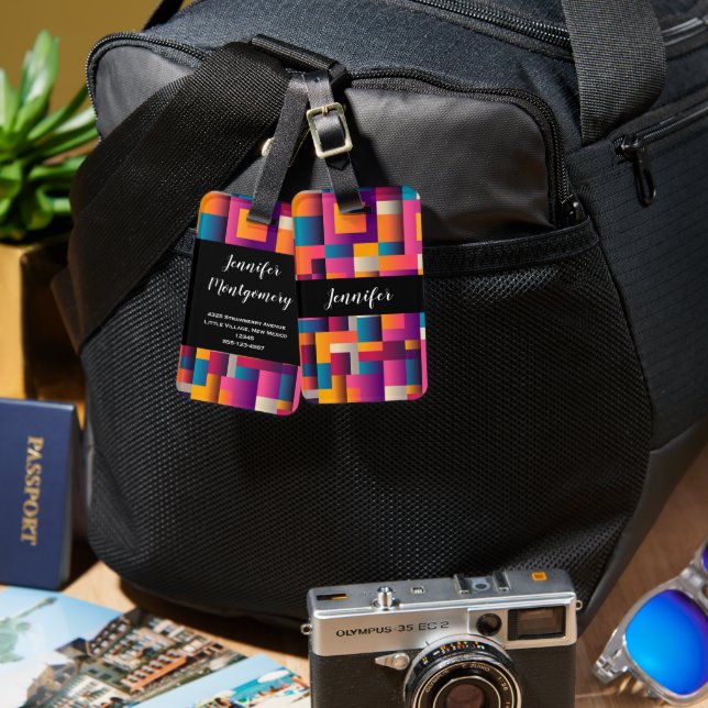 Colourful Abstract Squares and Shapes Luggage Tag (Front & Back)