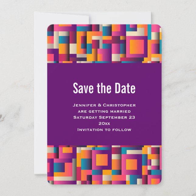 Colourful Abstract Squares and Shapes Wedding Save The Date (Front)