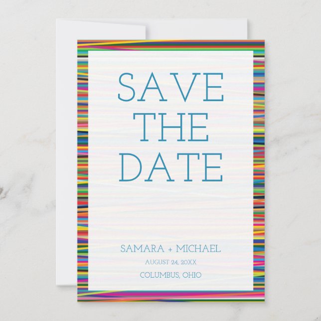 Colourful abstract stripes design save the date (Front)