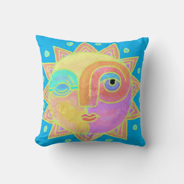 Colourful Abstract Sun Face Throw Pillow (Front)