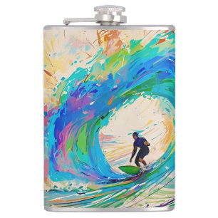 Colourful Abstract Surfer in The Barrel Wave Hip Flask