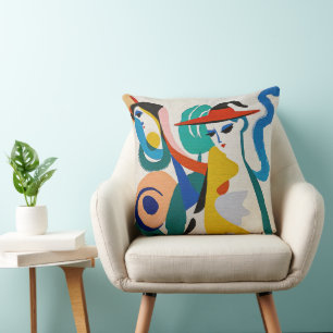 Colourful Abstract Surreal Woman Red Hat Art Throw Pillow