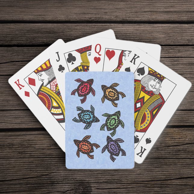 Colourful Abstract Swimming Turtles Playing Cards (Group of black abstract turtles colourful shells on blue deck of playing cards.)