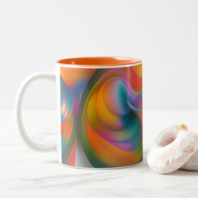 Colourful Abstract Swirls Orange Blue Green Pink  Two-Tone Coffee Mug (With Donut)