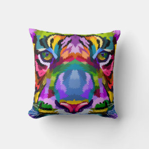 Colourful Abstract Tiger Face – Vibrant Psychedeli Throw Pillow