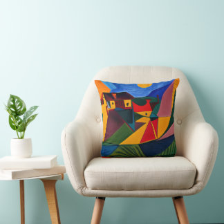 Colourful abstract village art throw pillow