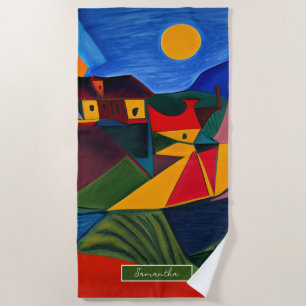 Colourful abstract village landscape personalized beach towel