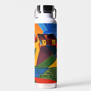 Colourful abstract village landscape personalized water bottle