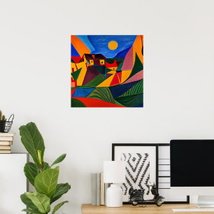 Colourful abstract village landscape  poster