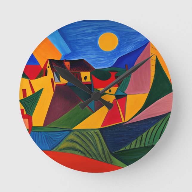 Colourful abstract village landscape  round clock (Front)