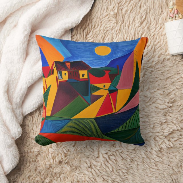 Colourful abstract village landscape  throw pillow (Blanket)