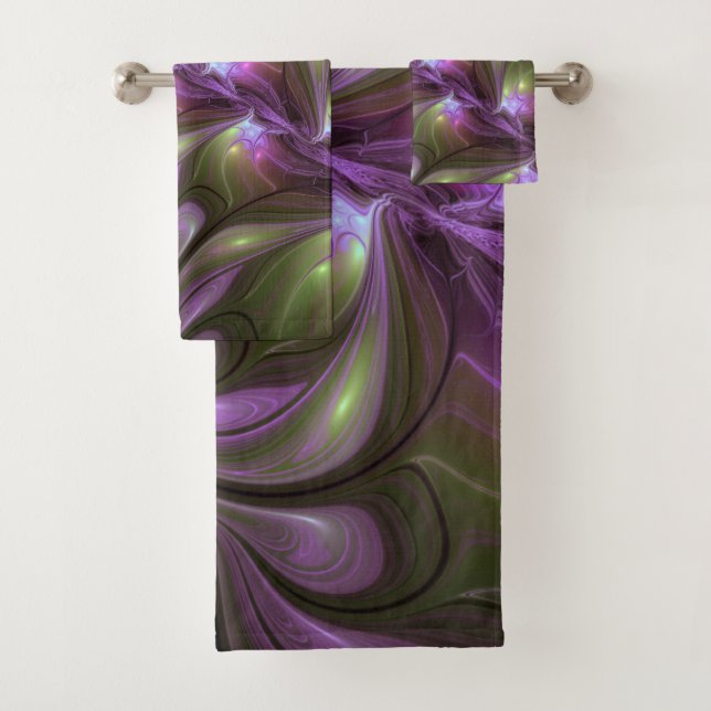 Colourful Abstract Violet Purple Khaki Fractal Art Bath Towel Set (Insitu)