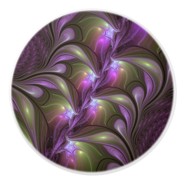 Colourful Abstract Violet Purple Khaki Fractal Art Ceramic Knob (Front)