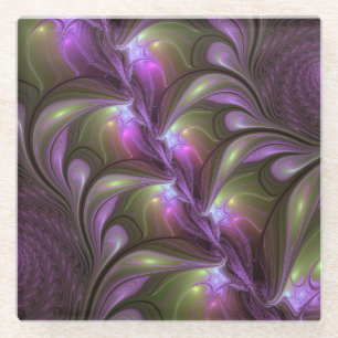Colourful Abstract Violet Purple Khaki Fractal Art Glass Coaster