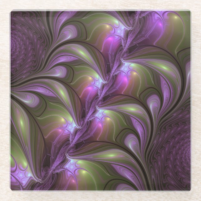 Colourful Abstract Violet Purple Khaki Fractal Art Glass Coaster (Front)
