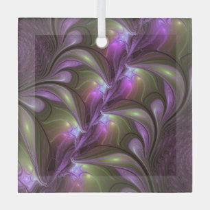 Colourful Abstract Violet Purple Khaki Fractal Art Glass Ornament