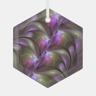 Colourful Abstract Violet Purple Khaki Fractal Art Glass Ornament