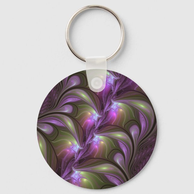 Colourful Abstract Violet Purple Khaki Fractal Art Keychain (Front)