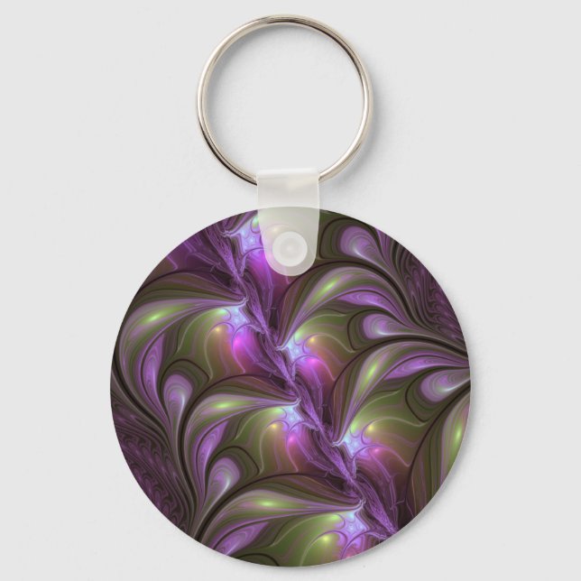 Colourful Abstract Violet Purple Khaki Fractal Art Keychain (Front)