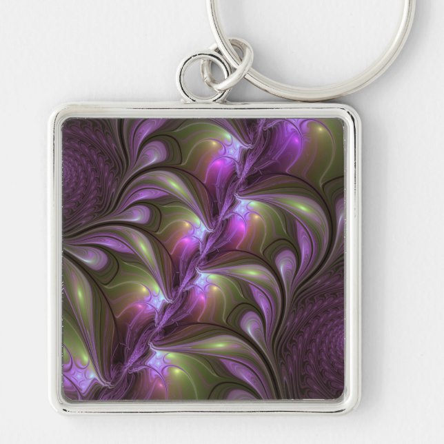 Colourful Abstract Violet Purple Khaki Fractal Art Keychain (Front)